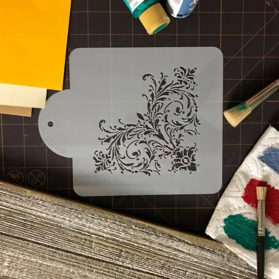 Feathered Scroll Cake Stencil Corner | C161 by Designer Stencils | Cake Decorating Tools | Baking Stencils for Royal Icing, Airbrush, Dusting Powder | Reusable Plastic Food Grade Stencil for Cakes | Easy to Use & Clean Cake Stencil {4}