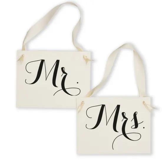 Ritzy Rose Mr. and Mrs. Chair signs - Black on 11x8in Ivory Linen Cardstock with Ivory Ribbon {1}