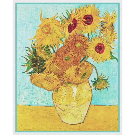 Vase of Sunflowers Teal Background by Vincent Van Gogh Counted Cross Stitch Pattern {2}