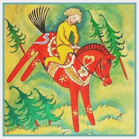 Scandinavian Child Riding Red Horse Counted Cross Stitch Chart Pattern {2}