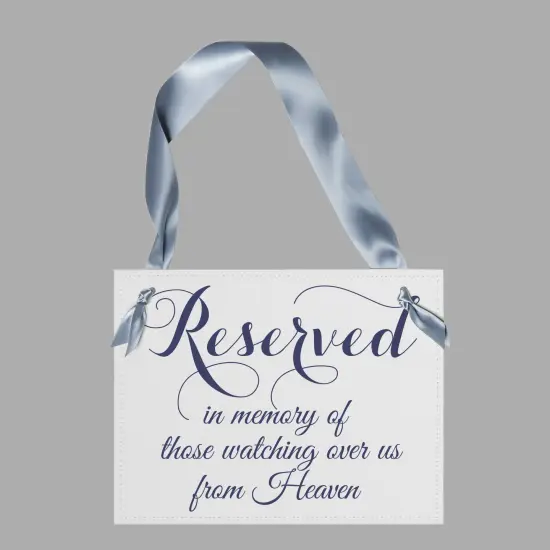 Ritzy Rose Memorial Chair Sign - Navy Blue on 11x8in White Linen Cardstock with Dusty Blue Ribbon {2}