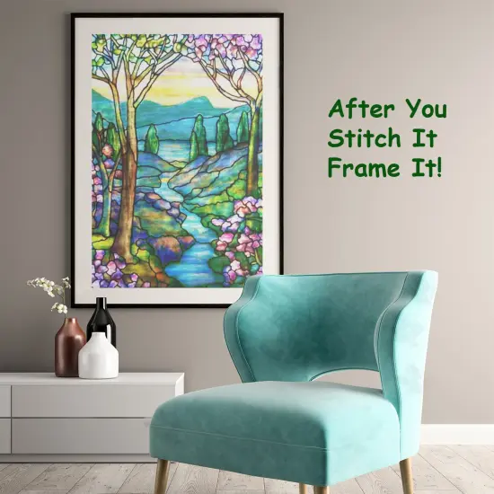 Mountain and Stream Landscape detail inspired by Louis Comfort Tiffany Counted Cross Stitch Pattern {3}