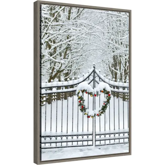 Christmas Wreath and Snow Covered Gate by Darrell Gulin Danita Delimont 16-in. W x 23-in. H. Canvas Wall Art Print Framed in Grey {1}