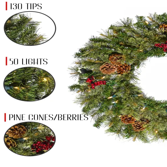 Perfect Holiday 24" Cheyenne Pine Wreath With Pine Cones And Red Berry Clusters {4}