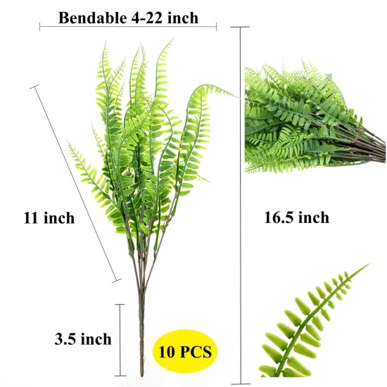 Grand Verde Boston Ferns Artificial Plants Faux Bush Real Touch Plastic Shrub Greenery Leaves - Indoor Outdoor Decor, Bulk 10pcs Light Green {2}