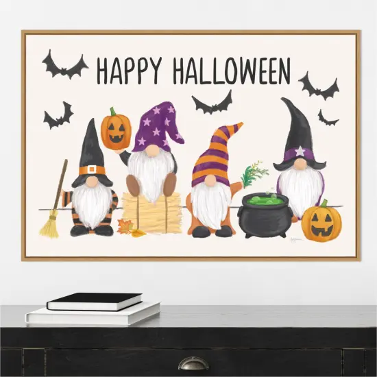 Halloween Gnomes I by Mary Urban 33-in. W x 23-in. H. Canvas Wall Art Print Framed in Natural {4}