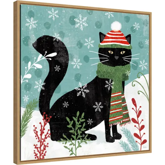 Purrfect Holiday II Cat by Veronique Charron 22-in. W x 22-in. H. Canvas Wall Art Print Framed in Natural {1}