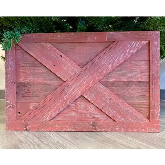 Rustic Farmhouse Medium Deluxe 22" Reclaimed Wooden Christmas Tree Box Collar Red {3}