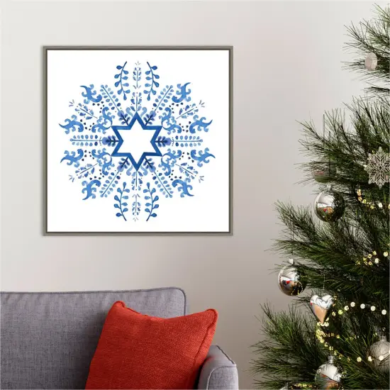 Indigo Hanukkah II by Victoria Borges 22-in. W x 22-in. H. Canvas Wall Art Print Framed in Grey {5}