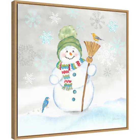 Let it Snow Blue Snowman IV by Cynthia Coulter 22-in. W x 22-in. H. Canvas Wall Art Print Framed in Natural {1}