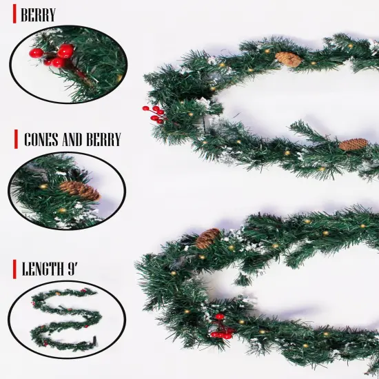 Perfect Holiday 9ft Pre-Lit Snow Flocked Garland with Pine Cones Berries {3}