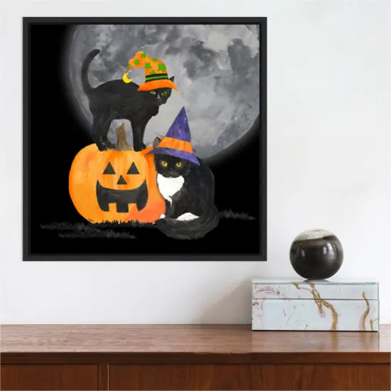 Fright Night Friends I-Black Cat by Tara Reed 16-in. W x 16-in. H. Canvas Wall Art Print Framed in Black {4}