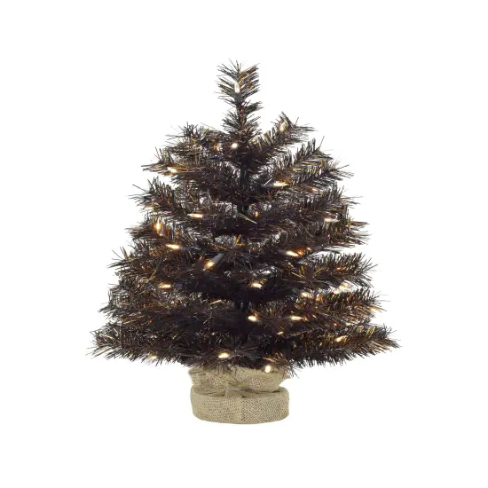 Perfect Holiday 24" Pre-Lit Tabletop Matte Black Gold Tinsel Halloween Tree With Burlap Base {1}