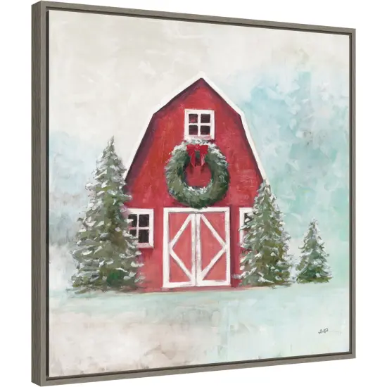 December Barn Blue Sky by Julia Purinton 22-in. W x 22-in. H. Canvas Wall Art Print Framed in Grey {1}