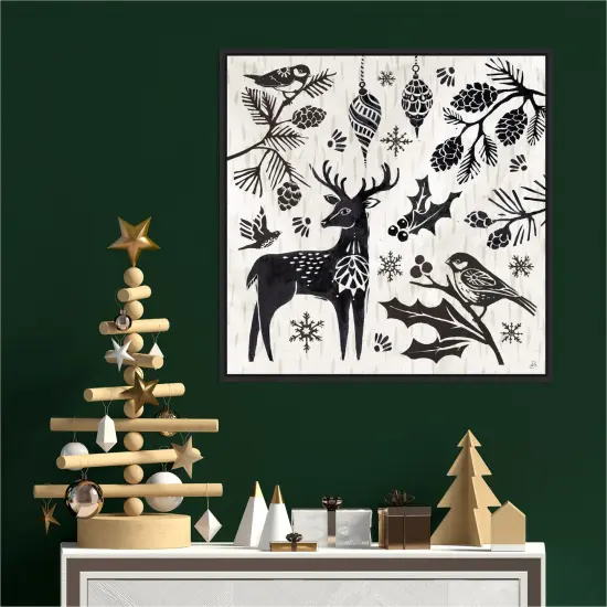 Woodcut Christmas III by Daphne Brissonnet Canvas Wall Art Print Framed Black {4}
