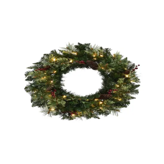 Perfect Holiday 24" Pre-lit Jasper Mixed Pine Wreath With Pine Cones And Red Berry Clusters {1}
