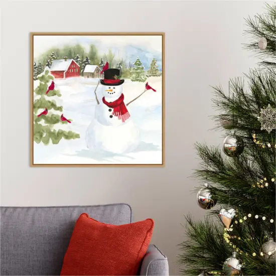 Snowman Christmas IV by Tara Reed 22-in. W x 22-in. H. Canvas Wall Art Print Framed in Natural {5}