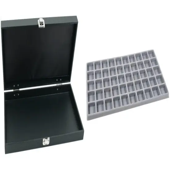 Black Jewelry Display Case (Single metal clasp) w/ Gray 50-slot Plastic Tray {1}