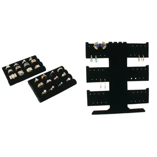 Balck Velvet Ring Pad Tray Insert & Flocked T-bar Jewelry Display Stand 3 Pcs {1}