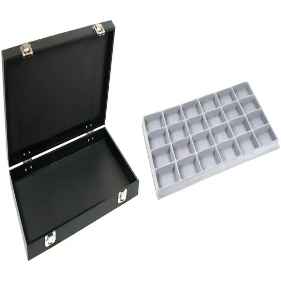 Black Jewelry Case (2xMetal Clasps & Removable Lid) w/ Gray 24-slot Plastic Tray {1}