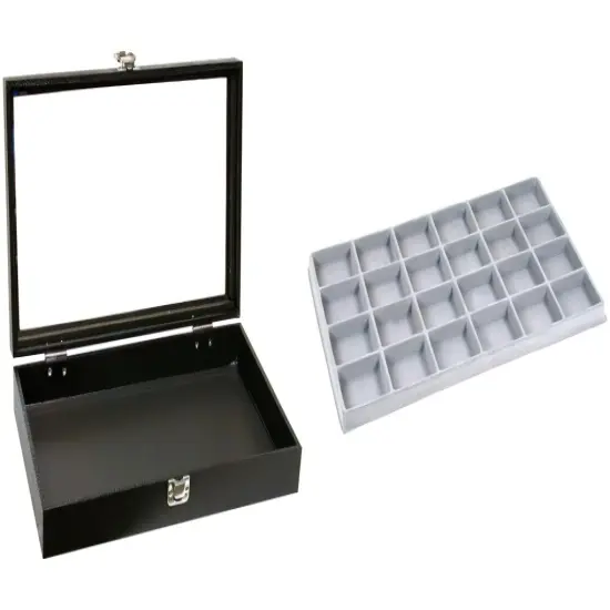 Black Glass-top Jewelry Case (Single metal latch) w/ Gray 24-slot Plastic Tray {1}