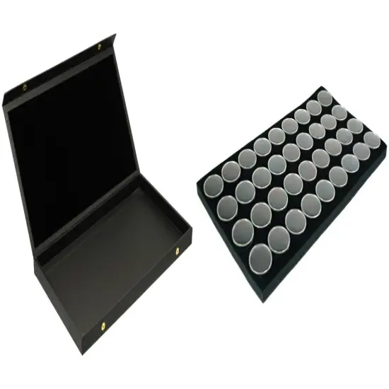 Black Faux Leather Jewelry Case (Snap close lid) w/ Black Foam 36 Gem Jar Insert {1}