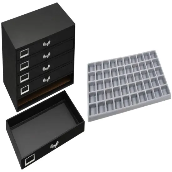 Black FindingKing 5-Drawer Jewelry Storage Case w/ 5 Gray 50-slot Plastic Trays {1}