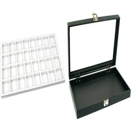 Black Glass Top Jewelry Case w/ 1 White 32-slot Plastic Tray(Single metal latch) {1}