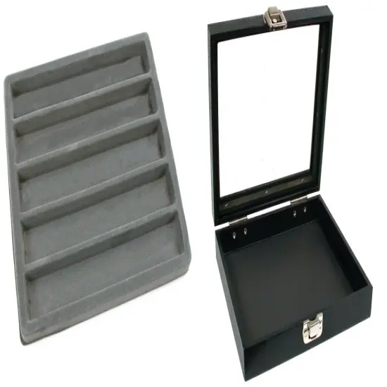 Black Sqaure Glass-top Case (Single Metal Latch) w/ Gray 5-slot Plastic Tray {1}