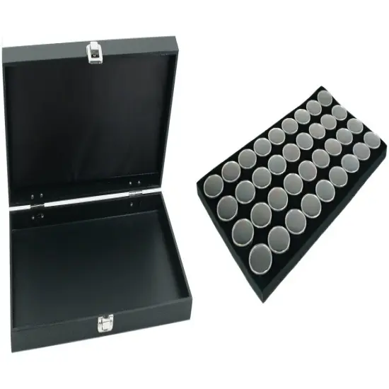 Black Jewelry Display Case (Single metal clasp) w/ Black Foam 36 Gem Jar Insert {1}
