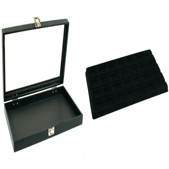 Black Glass Top Jewelry Case w/ 1 Black 28-Slot Plastic Tray(Single metal latch) {1}