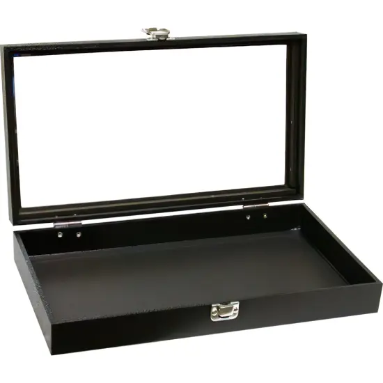 Black Glass-top Jewelry Case (Single metal latch) w/ Gray 24-slot Plastic Tray {2}