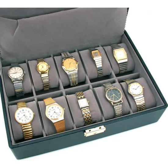 10 Watch Black Display Case Glossy Solid Top Box & Lock {3}