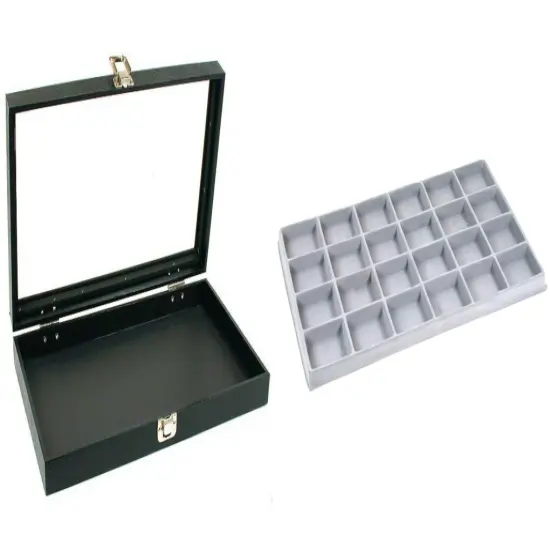 Black Glass Top Jewelry Case w/ 1 Gray 24-Slot Plastic Tray (Single metal latch) {1}