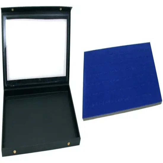 Black Glass Top Jewelry Case (Snap close lid) w/ Blue 72-slot Foam Display Pad {1}