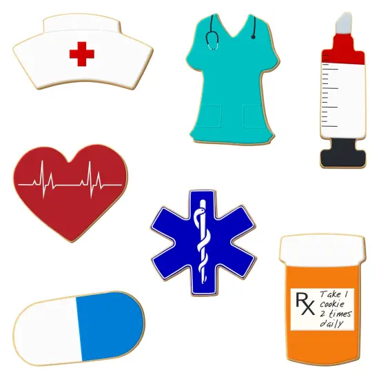 CookieCutter.com Nurse Theme 7 Piece Cookie Cutters Set, Scrubs, Hat, Syringe, Pill Bottle, Heart, Star of Life, Tin Plate Steel, USA {3}