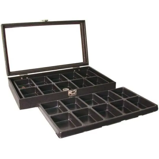 Glass Top Pocket Watch Black Display 20 Slot Tray Case {1}