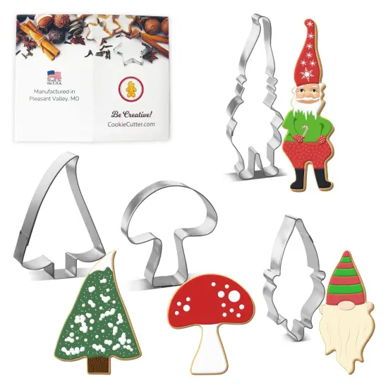 CookieCutter.com Enchanted Woodland Gnome Elf 4 Piece Cookie Cutters Set, Gnome, Dwarf, Mushroom, Tree, Tin Plate Steel, USA {1}