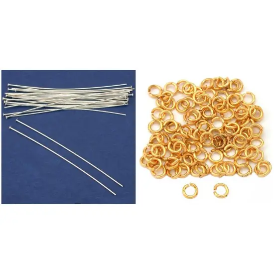 4mm Gold Plated Open Jump Rings & 51mm Sterling Silver Head Pins Kit 200 Pcs {1}