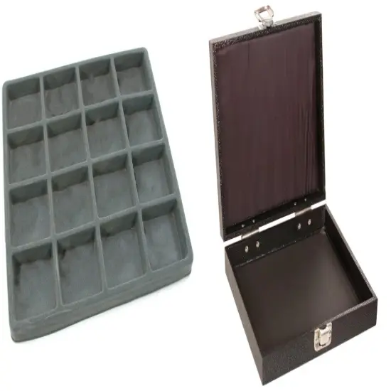 Black Square Jewelry Case (Single Metal Latch) w/ Gray 16-slot Plastic Tray {1}