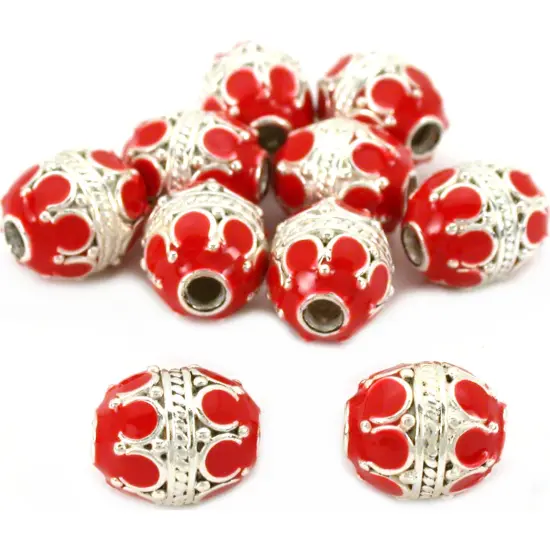 Red Enamel Sterling Silver Oval Beads 8.5mm Approx 10 {1}
