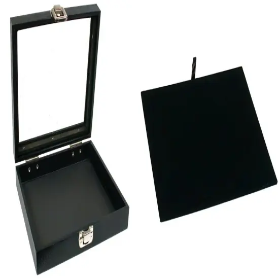 Black Sqaure Glass-top Case (Single Metal Latch) w/ Black Leather Pad Insert {1}
