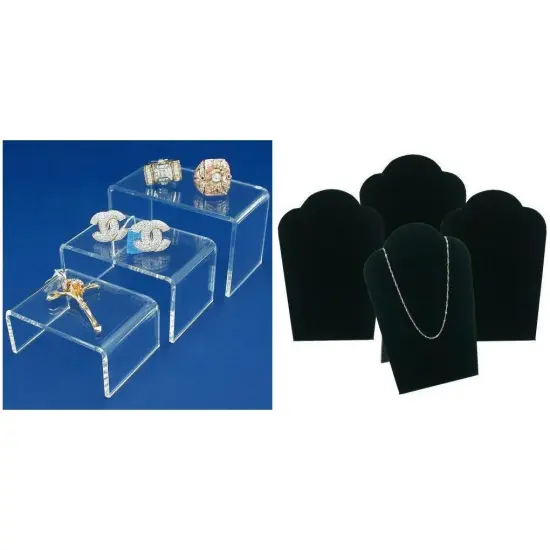 Clear Acrylic Risers Jewelry Displays & Black Velvet Necklace Bust Kit 7 Pcs {1}