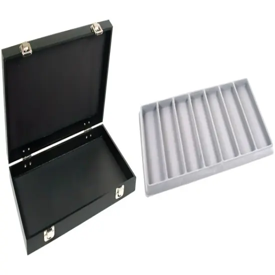 Black Jewelry Case (2xMetal Clasps & Removable Lid) w/ Gray 7-slot Plastic Tray {1}