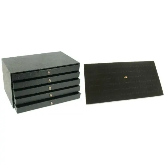 5 Drawer Jewelry Storage Case & Black Foam Ring Display Tray Inserts Kit 6 Pcs {1}