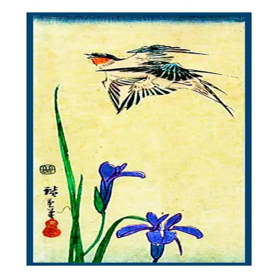 Japanese Hiroshige Swallow Bird Iris Flower Counted Cross Stitch Chart Pattern {2}