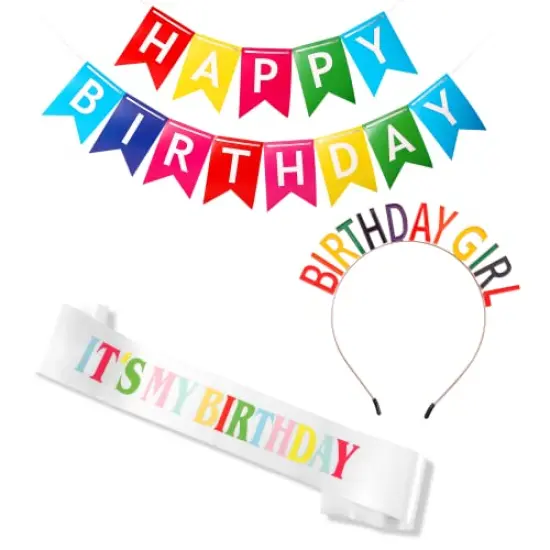VUDECO 3PCs Rainbow Birthday Crown Birthday Girl Sash Tiara Kit {1}