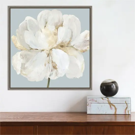 Garden Queen II (White Peony Flower) by Asia Jensen 16-in. W x 16-in. H. Canvas Wall Art Print Framed in Grey {4}
