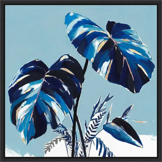 Villa Palms II (Blue Monstera) by Isabelle Z 16-in. W x 16-in. H. Canvas Wall Art Print Framed in Black {1}