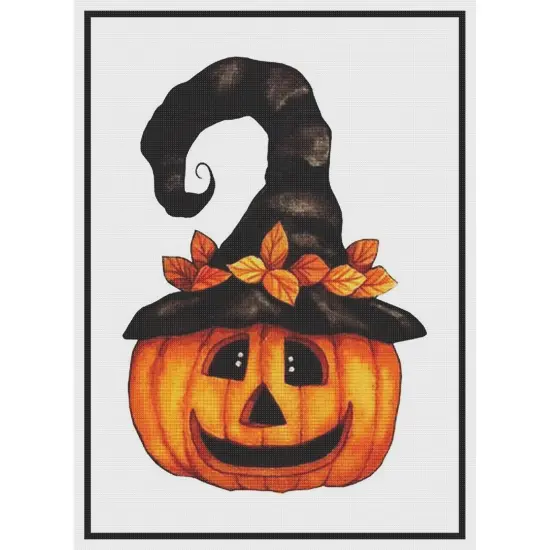 Folk Art Pumpkin in Witch Hat Halloween Counted Cross Stitch Pattern {2}